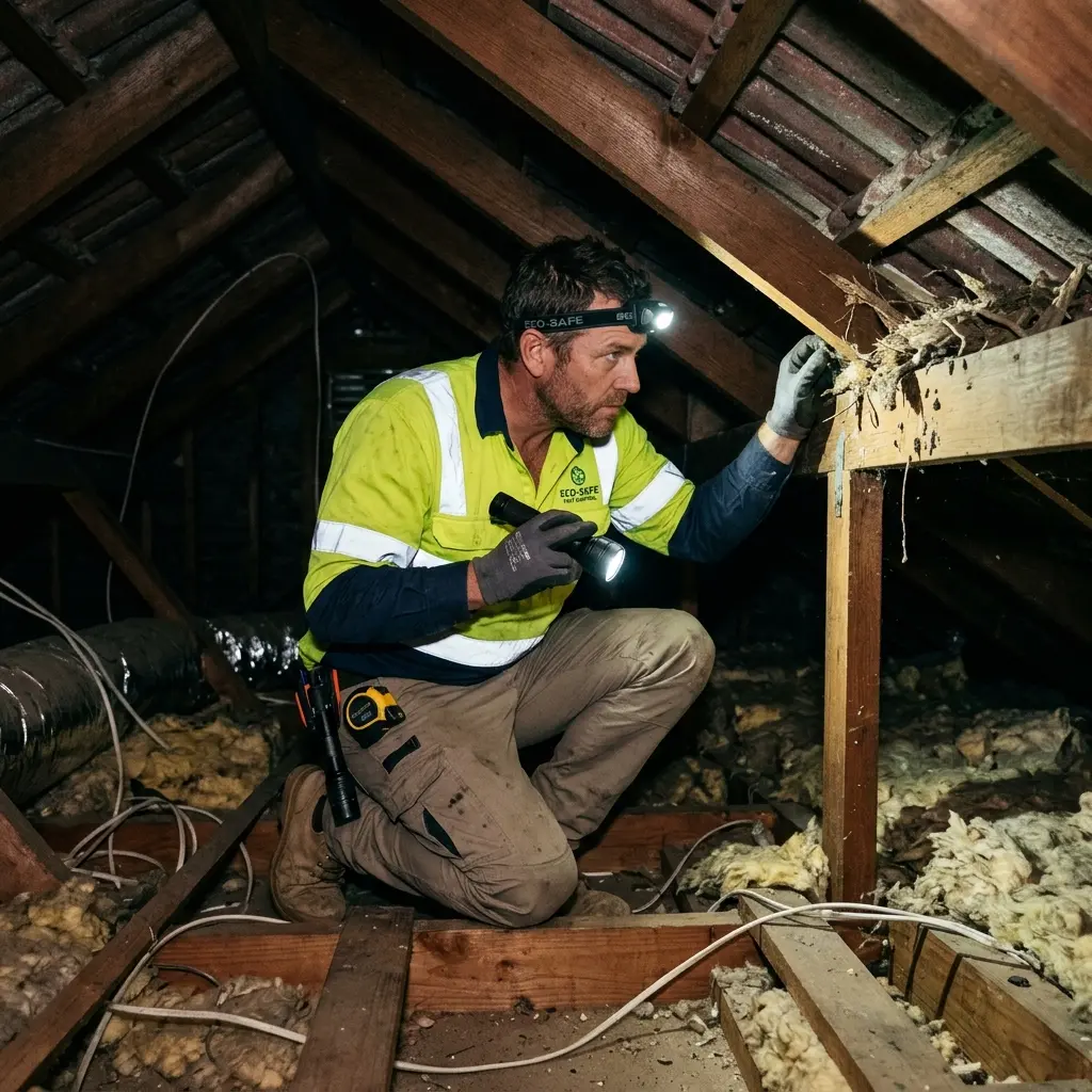 Technician inspecting a Wheelers Hill roof cavity for a dead possum